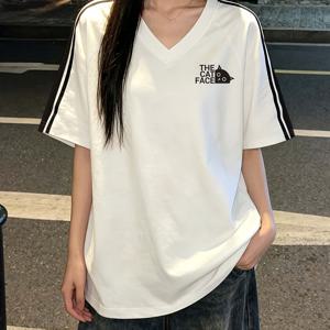 방향성 여름 이지 루즈 캐주얼 데일리 스트리트 패션 개성 디자인 V넥 레터 프린트 반팔 티셔츠 탑