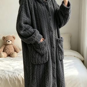 가을/겨울용 안감 처리된 여성용 루즈핏 플러스 사이즈 잠옷 가운, 보온성을 위해 더 두꺼운 소재, 편안하고 부드러움, 앞면 단추 여밈, 후드 포함 긴소매, 큰 주머니 2개, 기장형 수면용 가운, 가정용 가운, 목욕 가운, 라운지 가운, 세탁기 사용 가능