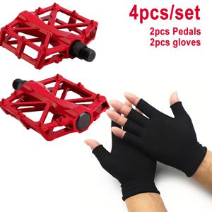 4pcs/세트 사이클링 필수품 콤보: 알루미늄 합금 자전거 페달 2개 + 반장갑 사이클링 장갑 세트 2개, 미끄럼 방지 초고강도 스트레치 니트 장갑, 남녀 공용, 산악 자전거 & 사이클링 사용