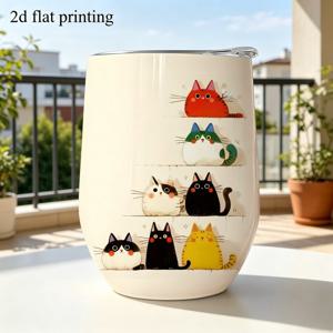 귀여운 고양이 테마 12Oz 진공 텀블러, 레이어드 수제 페인팅 디자인, 독특하고 생생함, 둥근 튀김 튀김 자세, 힐링 및 위안. 안정적인 진공 온도 잠금 기능, 모든 종류의 뜨겁거나 차가운 음료에 적합, 넓은 사용 범위