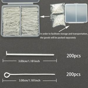 은색 아이핀 200개와 플랫헤드핀 200개 포함, 400개/박스. 직조 DIY 주얼리 제작, 헤드핀, 핸드 주얼리, 목걸이 액세서리, 머리핀 액세서리, 지갑 액세서리 제작, 주얼리 액세서리, 아이핀, 플랫헤드핀, 절단 및 휨 가능한 연결핀, 아이핀 커넥터 대용, 펜던트 액세서리, 가방 링크핀, 구슬 귀걸이 커넥터 링 및 기타 주얼리 액세서리 재료에 적합