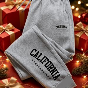 남성용 웨스트 코스트 스타일 헤더 그레이 袖口 조거 팬츠, 가슴 미니 로고 + 다리 대형 CALIFORNIA 아치 슬로건 프린트, 100% 폴리에스터 주름 방지 통기성 드로스트링 스ウェ트팬츠, 여행 휴가용, 가을/겨울 필수품