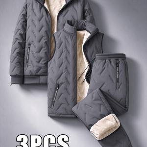 3pcs 남성용 겨울 트랙수트 세트 재킷 조끼 바지 기모 안감 쉐르파 퀼팅 스탠드 칼라 따뜻한 두꺼운 캐주얼 아웃도어 스포츠 수트