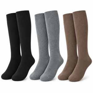 여성용 두꺼운 따뜻한 니하이 삭스 3켤레, 가을 겨울 플리스 롱 삭스, 부드럽고 편안한 탄성 부츠 삭스, 스키, 하이킹, 야외 스포츠, 집 및 일상복에 적합, 블랙, 커피