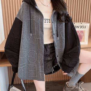 여성용 루즈핏 미디丈 컬러블록 후드 자켓, 엠보싱 3D 레터링, 캐주얼하고 활용도 높은 가디건