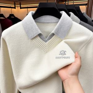 Carterma CRRTMARO 남성용 긴소매 니트웨어 2-in-1 룩 디자인 V넥 골지 칼라와 셔츠 칼라 패치, 단색 본체, 골지 밑단 풀오버 남성 상의 TZTB
