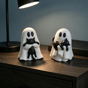 2개 귀여운 무서운 할로윈 레진 유령 검은 고양이 안아는 피규어, 재미있는 분위기 데스크탑 장식, 책상, 책장, 현관에 적합, 다크 에스테틱 홈 애호가 및 고양이 애호가에게 이상적, 할로윈 테마 장식 및 생일 선물로 완벽