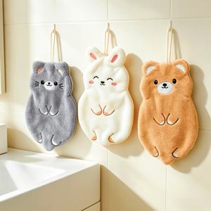 욕실 및 주방에 적합한 3개 두꺼운 산호 플리스 걸이형 핸드 타월 - 빠른 건조 흡수성 동물 모양 타월, 걸이용 고리 포함, 목욕, 샤워, 조리대 청소용으로 귀여움 (무지 패턴)