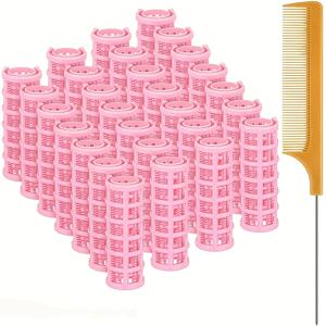 29개 세트, 뾰족꼬리 빗 1개와 헤어 롤러 28개, 짧은 머리와 긴 머리 모두의 헤어스타일링에 적합, 핑크 스타일