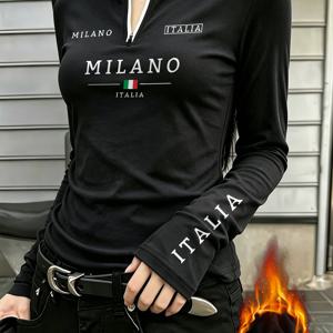 여성을 위한 안감 처리된 하프 지퍼 스탠드업 칼라 긴소매 베이스 레이어 탑, 작은 ITALIA 가슴 로고, 슬림핏, 몸매 강조, 다용도 가을/겨울 상의, 고딕 스타일