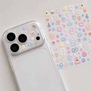 소녀의 하트 릴리프 라인 버니 스티커 DIY 렌즈 필름, iPhone /17 Pro/18 Promax/18 Pro 호환 카메라 렌즈 보호 필름 18Promax 투명 꽃무늬 렌즈 필름 스크래치 방지, 여성용 휴대폰 액세서리