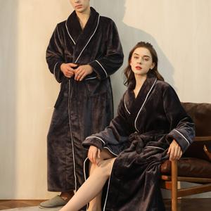 가을 겨울 플란넬 롱 두꺼운 로브 남성용 이지 숄 칼라 코랄 플리스 목욕 가운 양면 포켓