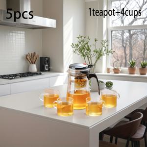 5개 세트 750ml 유리 찻잔 + 4개 100ml 유리 티컵, 고온 저항 찻잔, 원버튼 분리형 티와 물 분리, 꽃차 및 루즈 리프 티에 적합, 캠핑 및 여행 장비, 고급스러운 홈 및 여행 티 세트