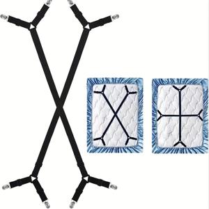 2pcs 조절 가능한 침구 스트랩 패스트너, 삼각형 탄성 매트리스 커버 클립, 테이블 클로스 소파 슬립커버용 금속 그립퍼, 블랙 나일론 직조, 손세탁 전용