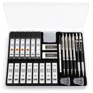 Fourcandies 아트 자동 연필 세트 (케이스 포함), 6개 자동 연필, 11개 연필심 리필 팩, 4개 지우개 (1개 만지개 지우개 포함), 2개 연필깎이, 드로잉 스케치, 전문가용 예술용으로 사용하기 위해 1개의 휴대용 케이스에 모두 보관