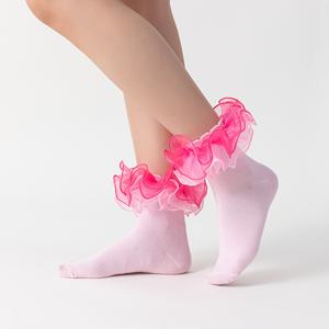 여성용 중목 양말 1켤레, 발목 부분에 주름 장식과 인터컬러 레이스 러플 디자인