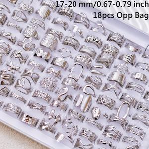 여성용 주얼리 세트 도매 18개입/팩 패션 레트로 남녀공용 반지 실버색 사이즈 17mm-20mm 스테인리스 스틸 다양한 뱀꽃 사랑 기하학 디자인 파티 선물용 참 혼합 여성용 핑거링 세트 박스 없음