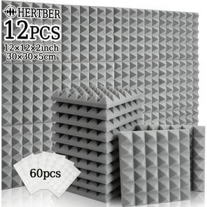 HERTBER 흡음재 12개입 (테이프 60개 포함), 30X30X5Cm 고밀도 보드. 블랙, 그레이, 블랙-그레이, 블랙-레드, 블랙-블루. 스튜디오, 음악실, 침실, 사무실, 홈시어터, 벽, 천장의 소음 및 리버브 감소를 위한 크리스마스 선물