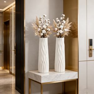58Cm 화이트 안티 세라믹 플로어 꽃병 2개 세트, 모던 웨이브 패턴 드라이 플라워 꽃병, 거실/현관 장식품