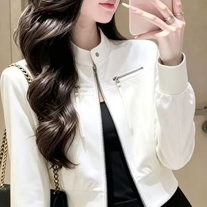 화이트 숏 베이스볼 재킷 코트 여성 가을 신상 스탠드 칼라 지퍼 멀티 포켓 디자인 센스 루즈 캐주얼 재킷