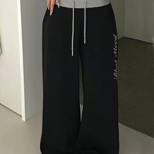 여성용 와이드 팬츠, 사선 포켓 및 조절 가능한 드로스트링 허리 - 캐주얼 복장에 적합한 루즈핏 바지 - 벨트 없는 디자인, 기계 세탁 가능한 단색 바지 (일반 기장)