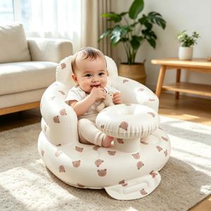 3개월 이상 아기용 팽창식 아기 시트, 앉아보는 아기용 바닥 시트, 유아용 아기 시트, 에어 펌프 내장형 블로우업 아기 의자 - 베이지색 - 트레이 달린 곰돌이