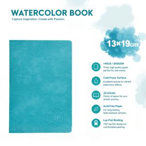 폴 루벤스 무지개빛 수채화 가죽 커버 스케치북, 140Gsm (300 GSM) 핫프레스 수채화 용지, 24매, 방수 및 내마모성 가죽 커버 디자인, 초보자, 페인팅 애호가 및 여행 중인 전문 아티스트에게 적합
