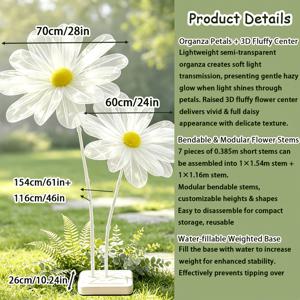 자이언트 화이트 데이지 바닥용 꽃꽂이 스탠드 세트, 분리형 흰색 다각형 물을 채울 수 있는 받침대와 키 큰 꽃대가 있는 대형 인조 오간자 데이지 2개, 웨딩 배경, 거실 창가 옆 디스플레이, 신부 부티크 장식
