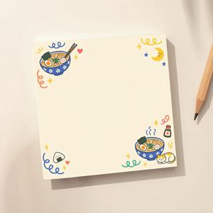 귀여운 라면 고양이 메모 패드, 일본면 볼 & 잠자는 고양이 손그림 디자인 (달, 별, 하트, 스파클 디테일), 메모, 메시지, 알림, 목록, 학교, 사무실 & 가정용 미적 노트패드