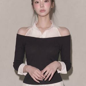 [처음부터 시작하는 지향] 여성용 페이크 투피스 오프숄더 셔츠, 봄/가을 신상 스타일, 블랙 앤 화이트 컬러 블록 원숄더 슬림핏 긴소매 탑