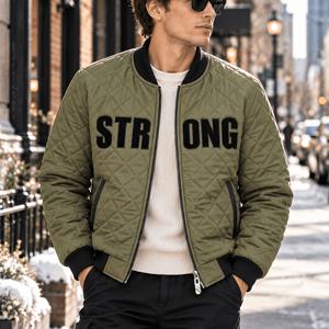 남성용 아미 그린 STRONG 레터 프린트 퀼팅 재킷, 두꺼운 따뜻한 야구 칼라 숏 코트 (포켓 포함), 가을/겨울 캐주얼 출퇴근에 적합한 방풍 아우터