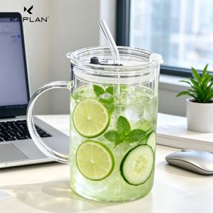 KAPLAN 초대용량 1000ml (손잡이, 뚜껑, 빨대 포함), 과일 차 컵, 쉬운 투명 유리컵, 휴일 선물 - 추수감사절, 할로윈, 크리스마스
