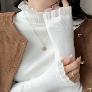 레이스 러플 베이스 레이어 탑, 초가을 신상 상의, 레이스 트림 클래식 엘레강스 스타일 내의, 단색 하프 터틀넥 베이스 레이어 셔츠