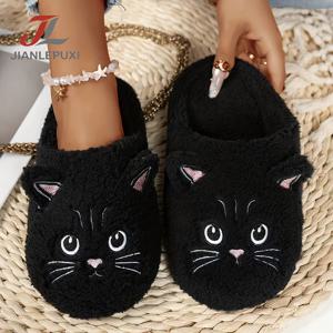 남녀공용 고양이 테마 실내화, 겨울 실내용 보온 슬립온 슈즈메이트, 아기 고양이 자수 포함, 가정용 부드러운 원단, 아늑한 커플 신발, 신발 관리 불필요