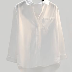 여성용 단색 블라우스 셔츠 - 칼라 버튼다운 앞단추 셔츠, 포켓 및 비대칭 밑단 포함, 기계 세탁 가능 폴리에스터 블라우스, 봄 여름 가을용, 캐주얼 오피스웨어, 신축성 없는 버튼다운 칼라