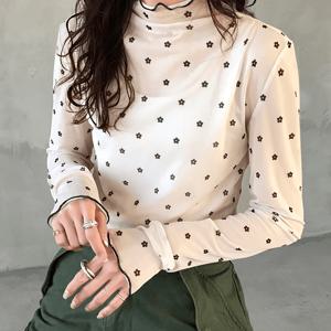 여성용 봄/여름/가을 하프 터틀넥 플로럴 프린트 시스루 메쉬 러플 긴소매 이너 레이어 탑