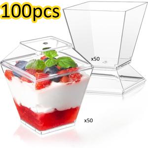 100개입 (컵 50개, 뚜껑 50개) 2Oz 사각 미니 디저트 컵 (뚜껑 포함) - 투명 플라스틱 컵 (쌓을 수 있음), 푸딩, 과일, 젤리, 파이, 케이터링 및 크리스마스용