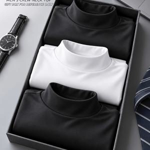 이지 롱 슬리브 스몰 하이넥 작업복 남성용 긴팔 상의 3pcs 세트, 웨스턴 패션 트렌디 티셔츠 (탄성 원단), 남성 작업복 및 티셔츠, 남성용 따뜻하고 편안한 부드러운 플리스 상의, 데일리 작업복