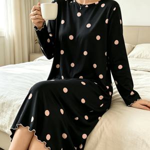 여름 가을 여성용 긴팔 잠옷, 레트로 물방울 무늬 러플 엣지 루즈핏 미디 길이 홈웨어 드레스