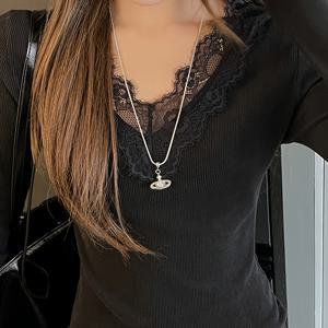 패셔너블한 봄/가을 긴소매 레이스 패치워크 티셔츠, 블랙 다용도 일본-한국 스타일 캐주얼 티셔츠 상의