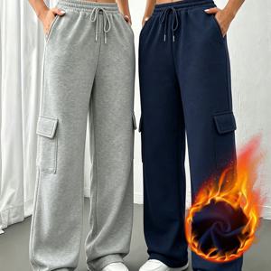 [2pcs 세트] [캐주얼 스포츠웨어] 아메리칸 뉴 여성 트렌디 쿨 스타일 단색 탄성 허리 드로스트링 포켓 롱 팬츠 가을 겨울 플리스 따뜻한 루즈 카고 트라우저