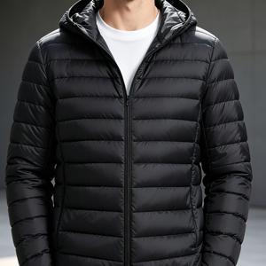 남성용 후드 패딩 재킷, 가을 겨울 따뜻한 코트, 방풍 아우터, 청소년 및 중년층, 블랙 및 네이비 색상, 후드, 지퍼 포켓, 슬림핏, 및 출퇴근에 적합