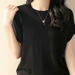 새로운 파인 스펀 루즈핏 여성용 반팔 티셔츠, 시크한 민소매 니트웨어, 단색 베이스 레이어 탑