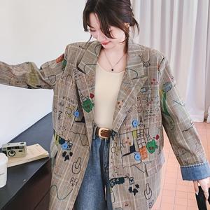 여성용 그레이 체크무늬 , 2025년 봄 신상 스타일, 디자이너풍 스트리트웨어, 루즈핏, 캐주얼 프린트 수트 재킷