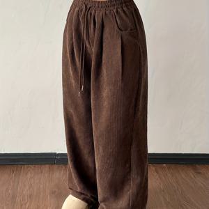 여성용 빈티지 코듀로이 와이드 레그 팬츠 - 오버사이즈 레그 트라우저, 조절 가능한 드로스트링 허리 & 벨트, 부드러운 코듀로이 질감 (벨트 루프 없음), 겨울철 보온용 롱 기장, 캐주얼 & 세미 포멀 웨어 (세탁기 사용 가능) LL168