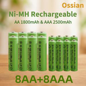 Ossian 8개 AA+8개 고용량 1.2V NiMH 배터리 세트, AA1800mAh 및 AAA2500mAh 전원 배터리, 가정용 전자제품, 게임 컨트롤러, 무선 마이크, 알람 시계, 미용 기기, 미니 팬 및 카메라용