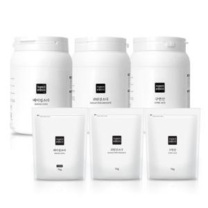 [3종세트 본품+리필] 과탄산소다+구연산+베이킹소다 1KG 3개(용기)+1KG 3개(지퍼백)