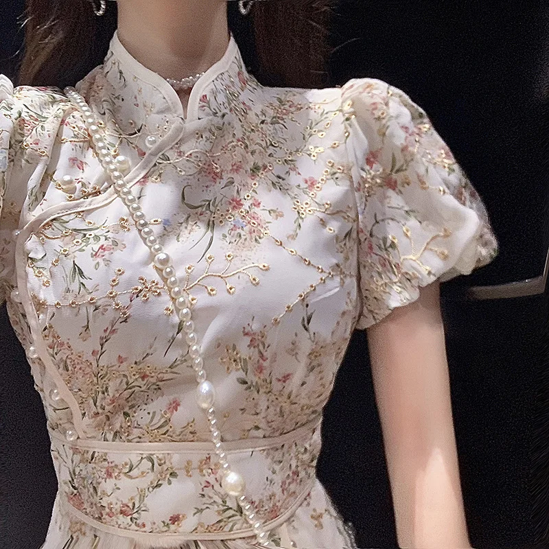 여성용 개량 화이트 치파오 스커트, 궁전 스타일, 2022 레트로 캐주얼, 중국 전통 치파오 드레스, 여름 신상