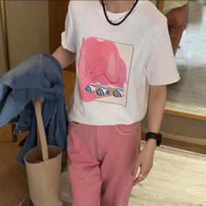 핑크 코끼리 라운드 반팔 티셔츠 루즈핏 코튼 여름 여성 b2