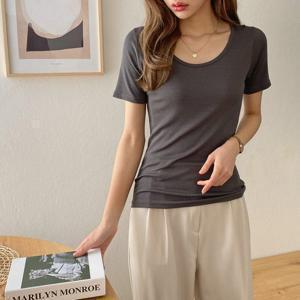 [옷자락] 여자 쫄티 U넥 슬림 반팔 솔리드 민무늬 티셔츠